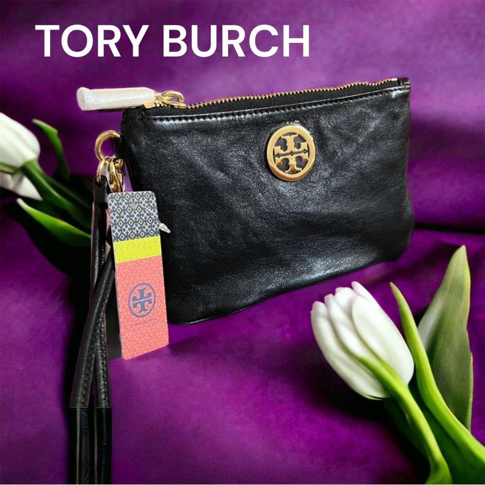 TORY BURCH NEW LEATHER ZIP WRISTLET BAG BLACK CARSON Mother’s Day Gift 🎁